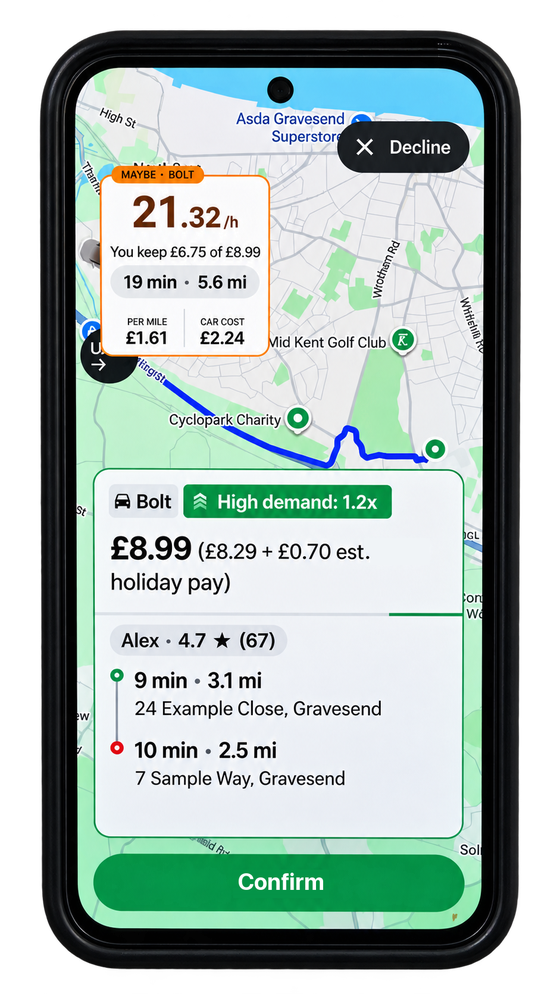 Demonstration: amber card over a Bolt offer of £8.99, 19 min, 5.6 mi