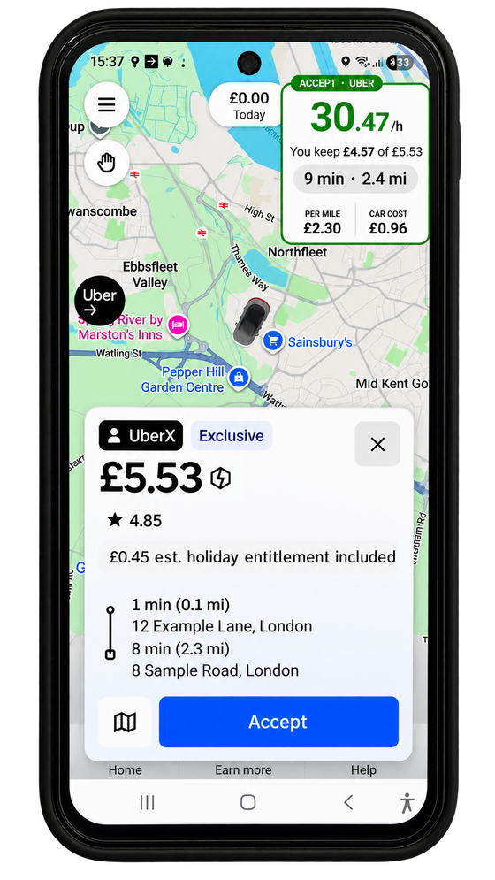 Demonstration: green Copilot card over an Uber offer of £5.53, £30.47 an hour